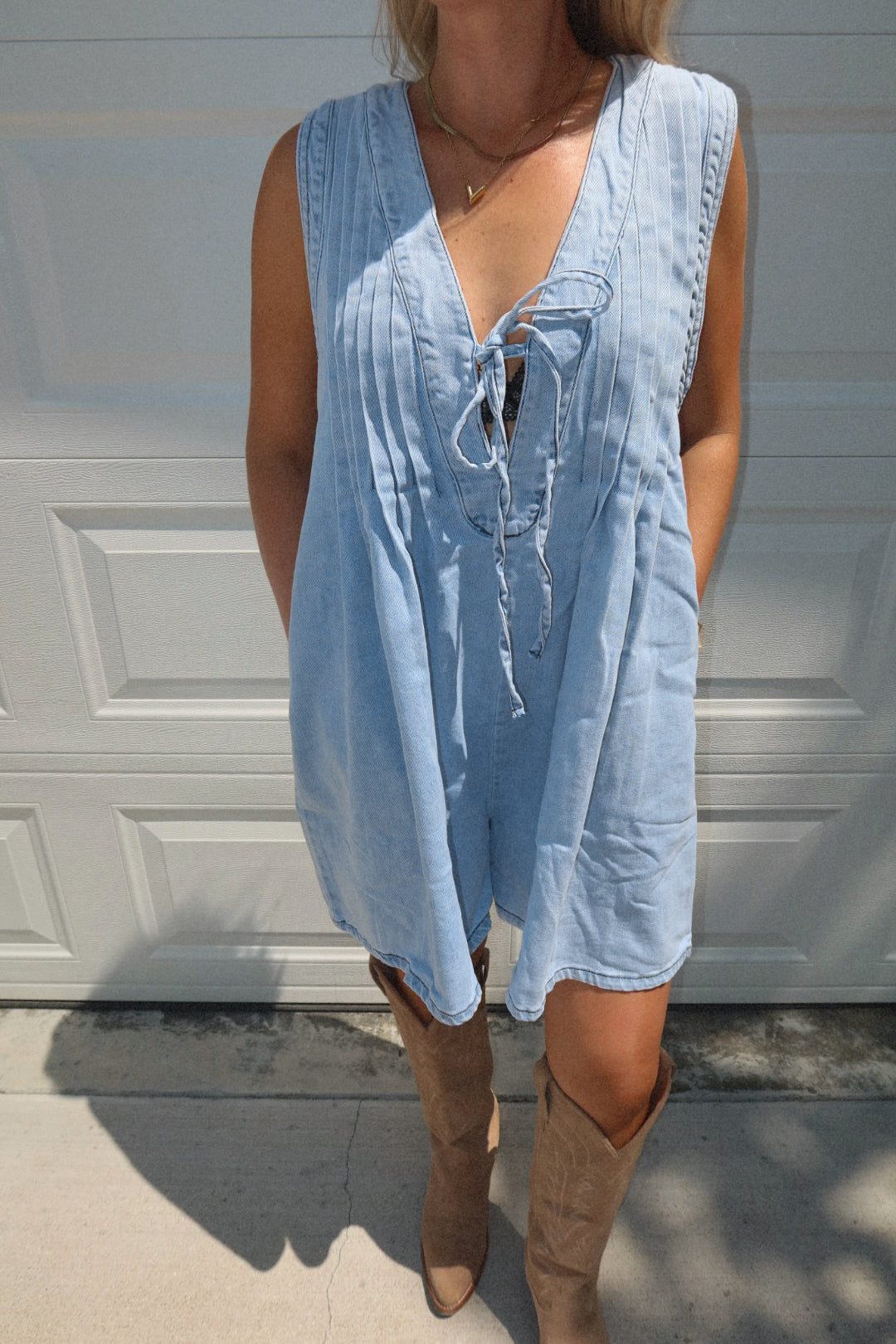 PLEATED DENIM ROMPER