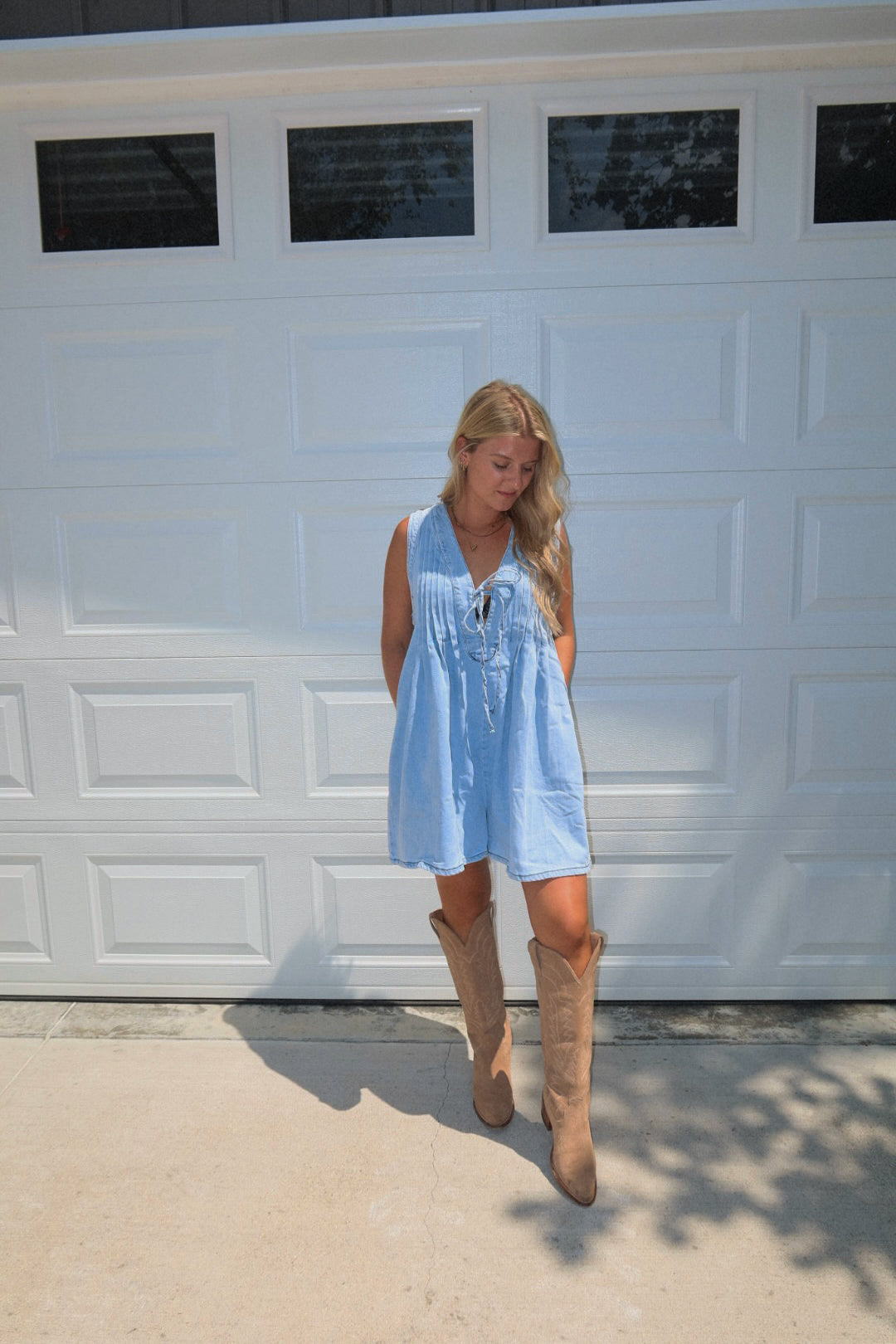 PLEATED DENIM ROMPER